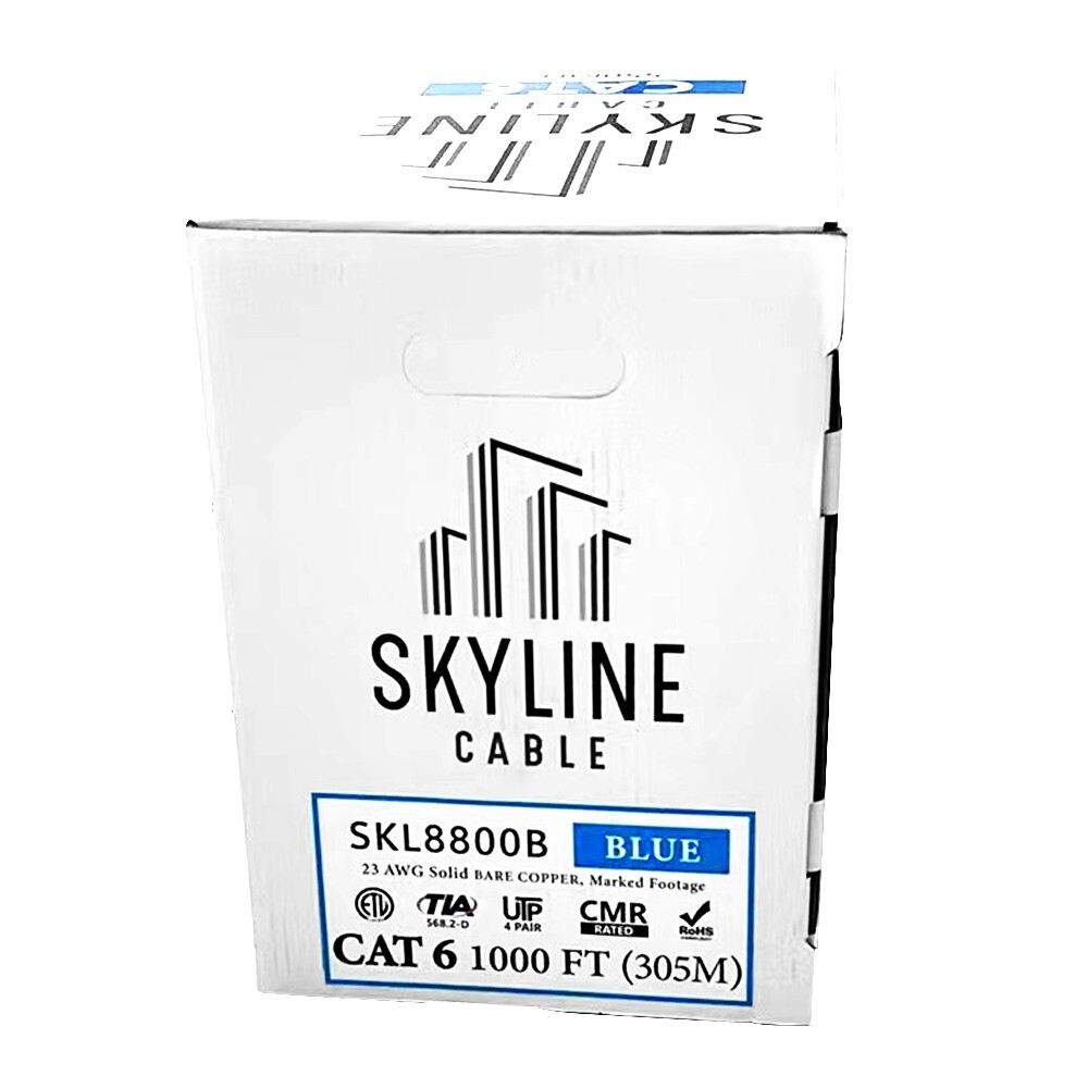 Skyline Cat 6, Solid Bare Copper, CMR Rated, 1000ft Bulk Network Cable, (Blue)