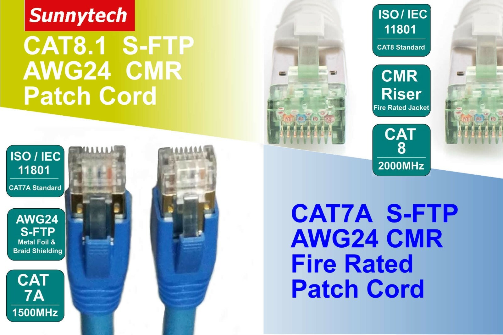 Sunnytech Cat8 Cat7A S-FTP 24AWG, PoE++, CMR Patch Cord 3-100ft Lot