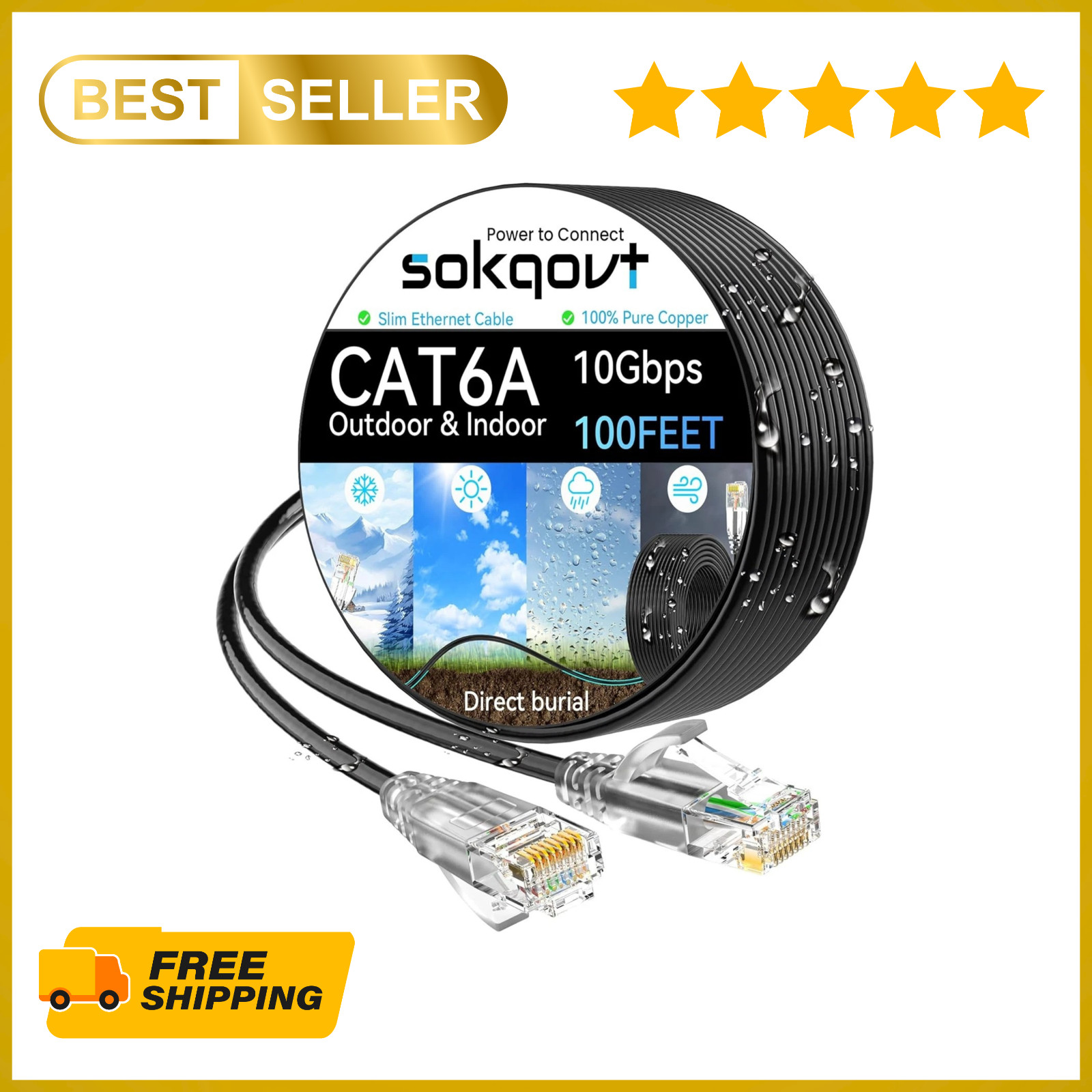 Cat6a Ethernet Cable Slim 100ft Outdoor&Indoor 28AWG Pure Copper Cat6 Internet