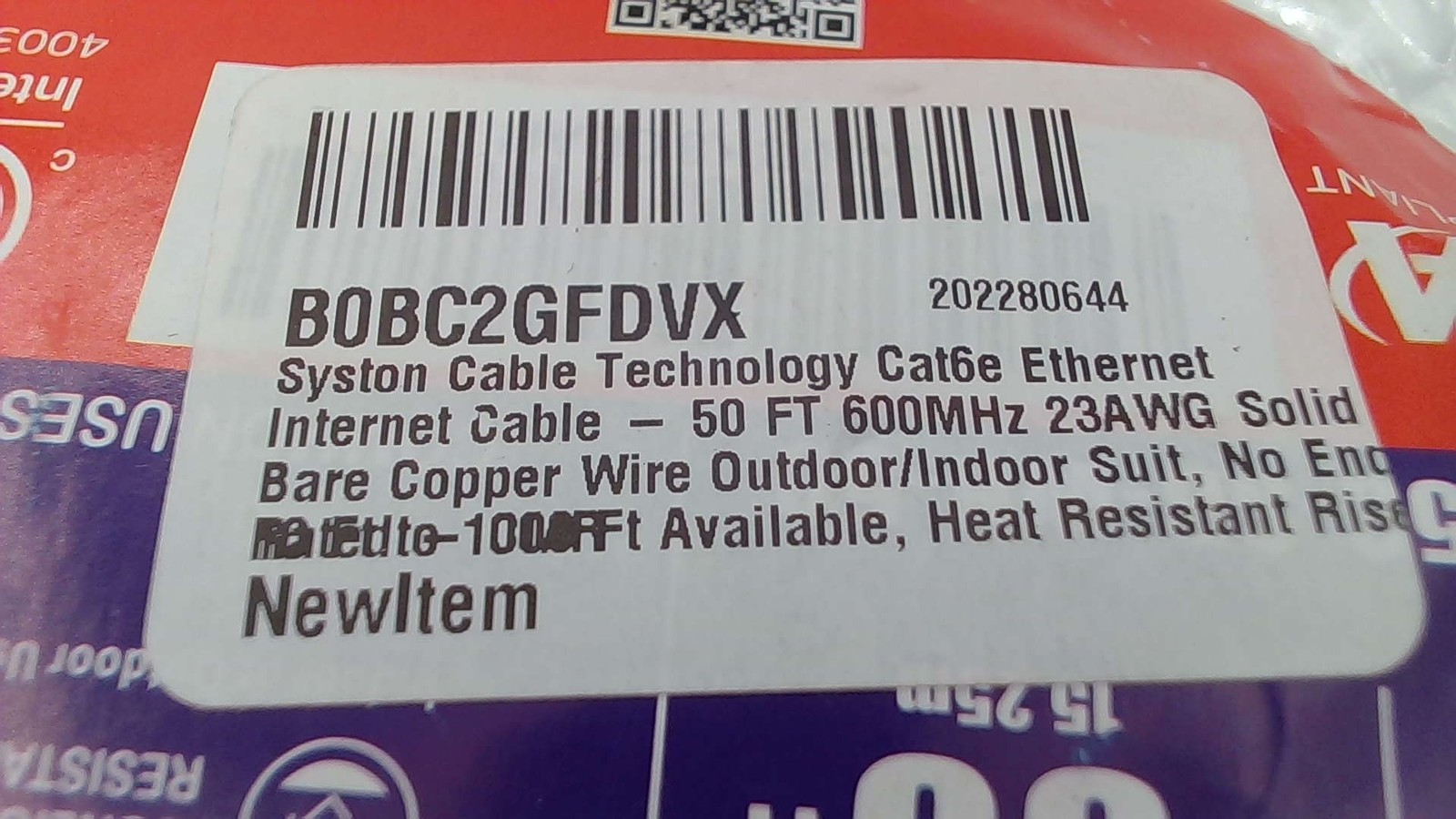 Syston Cat 6e Ethernet Cable 500 Ft CMR UTP 23 AWG 600 MHz Bare Copper Wire
