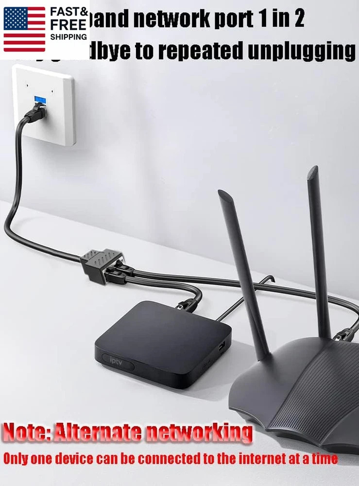 Ethernet Splitter 1 to 2 RJ45 Network Cable Adapter, Note Only Connect One Net
