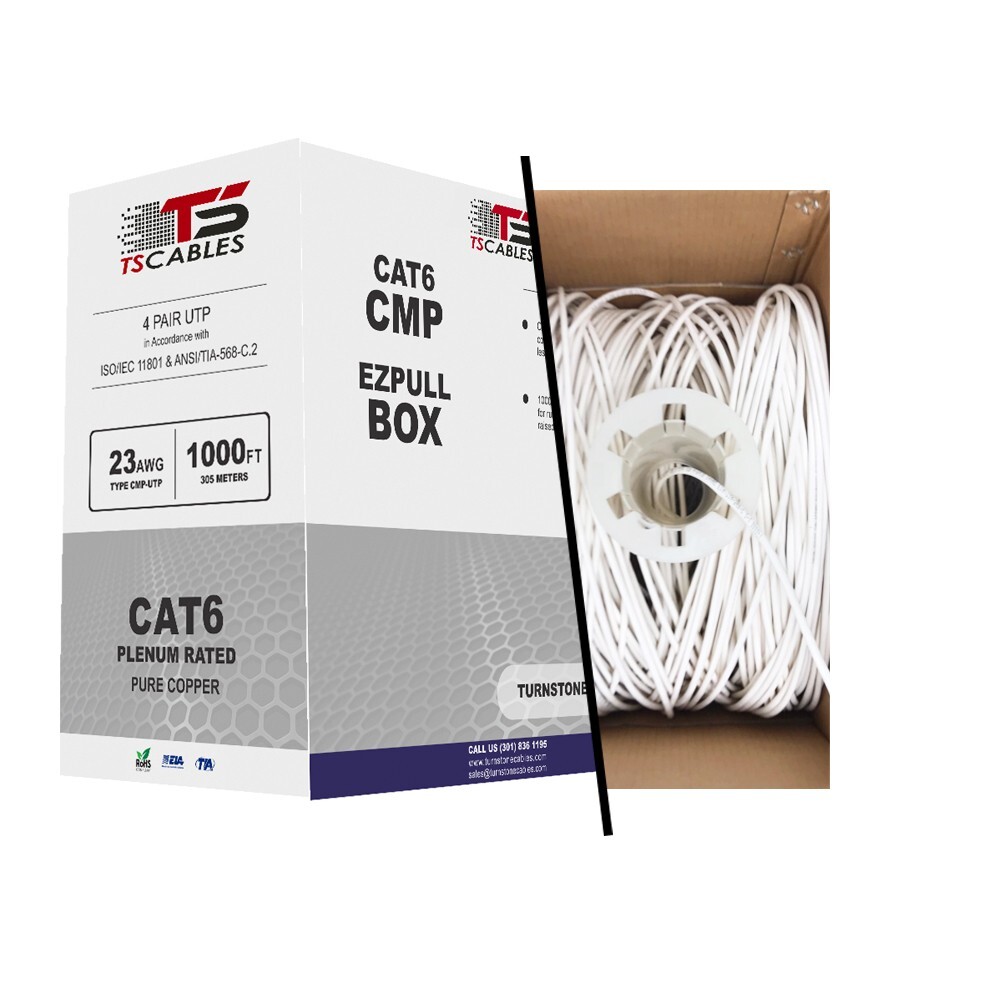 TSCables Cat 6 Cable 1000ft Solid Bare Copper 550Mhz Plenum 23 AWG White Not CCA