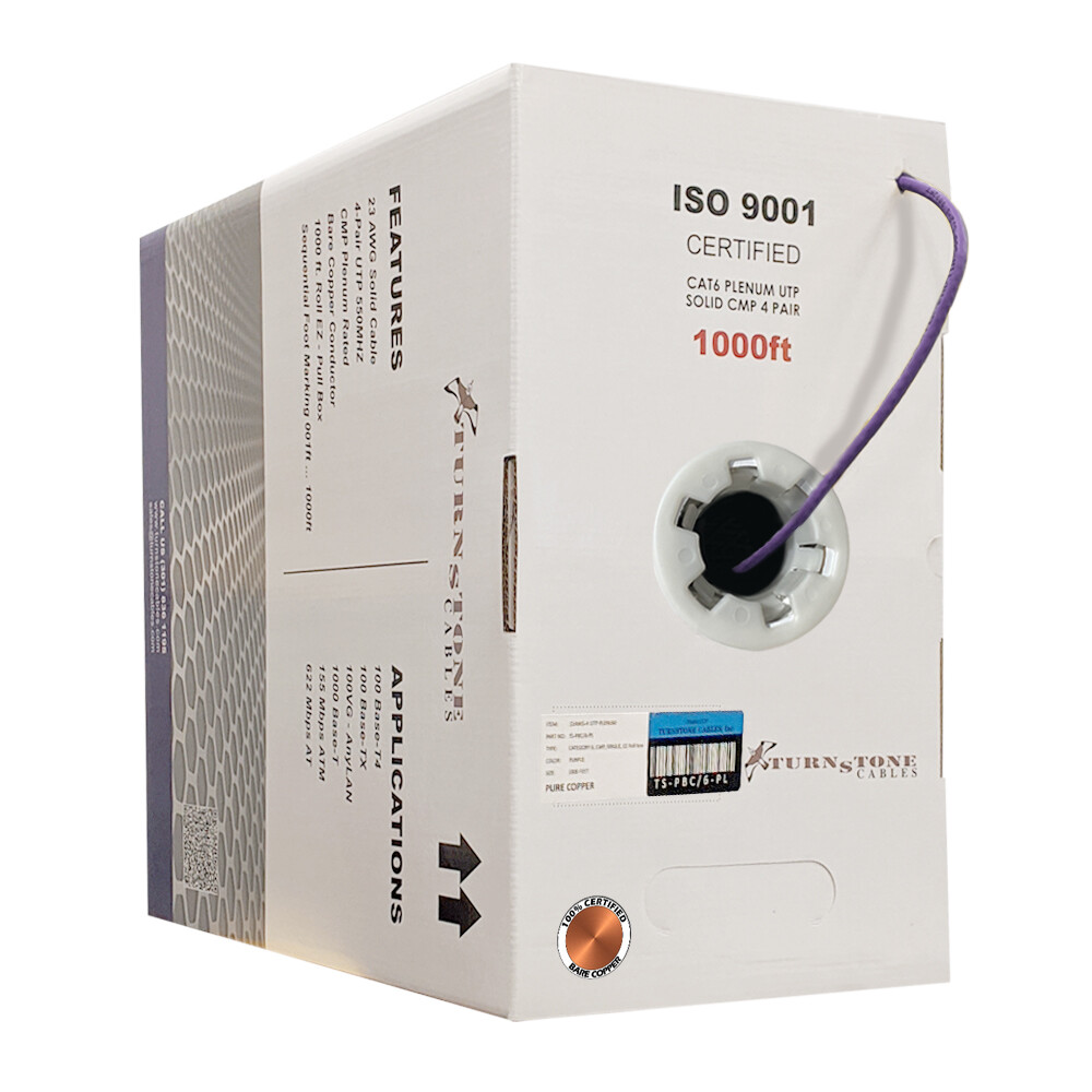 TSCables 550Mhz Cat6 Plenum 100% Solid Bare Copper UTP Ethernet Cable Purple