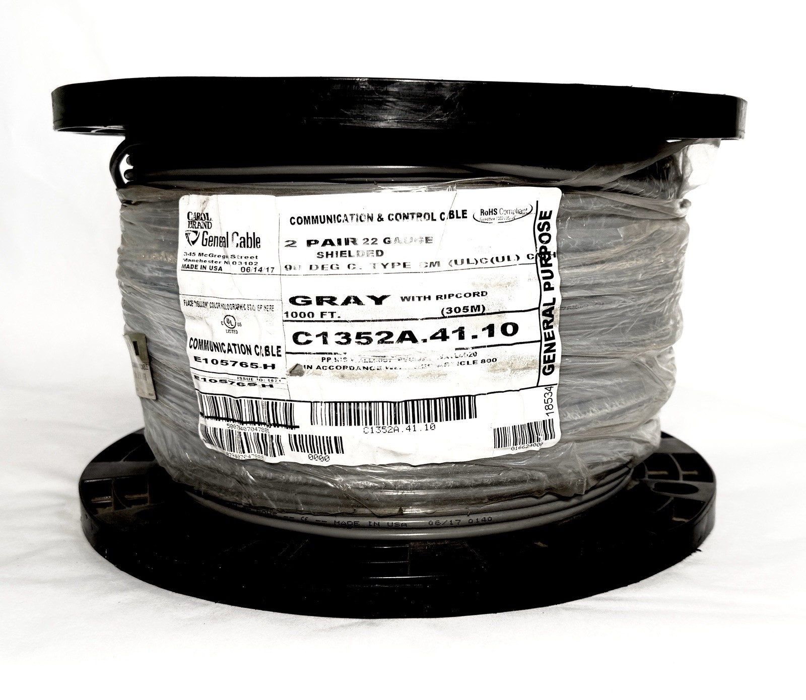 Encore Wire 22 AWG Twisted 2 Pair, 1000’ Grey Part# C1352A.41.10 **SHIPS FREE**