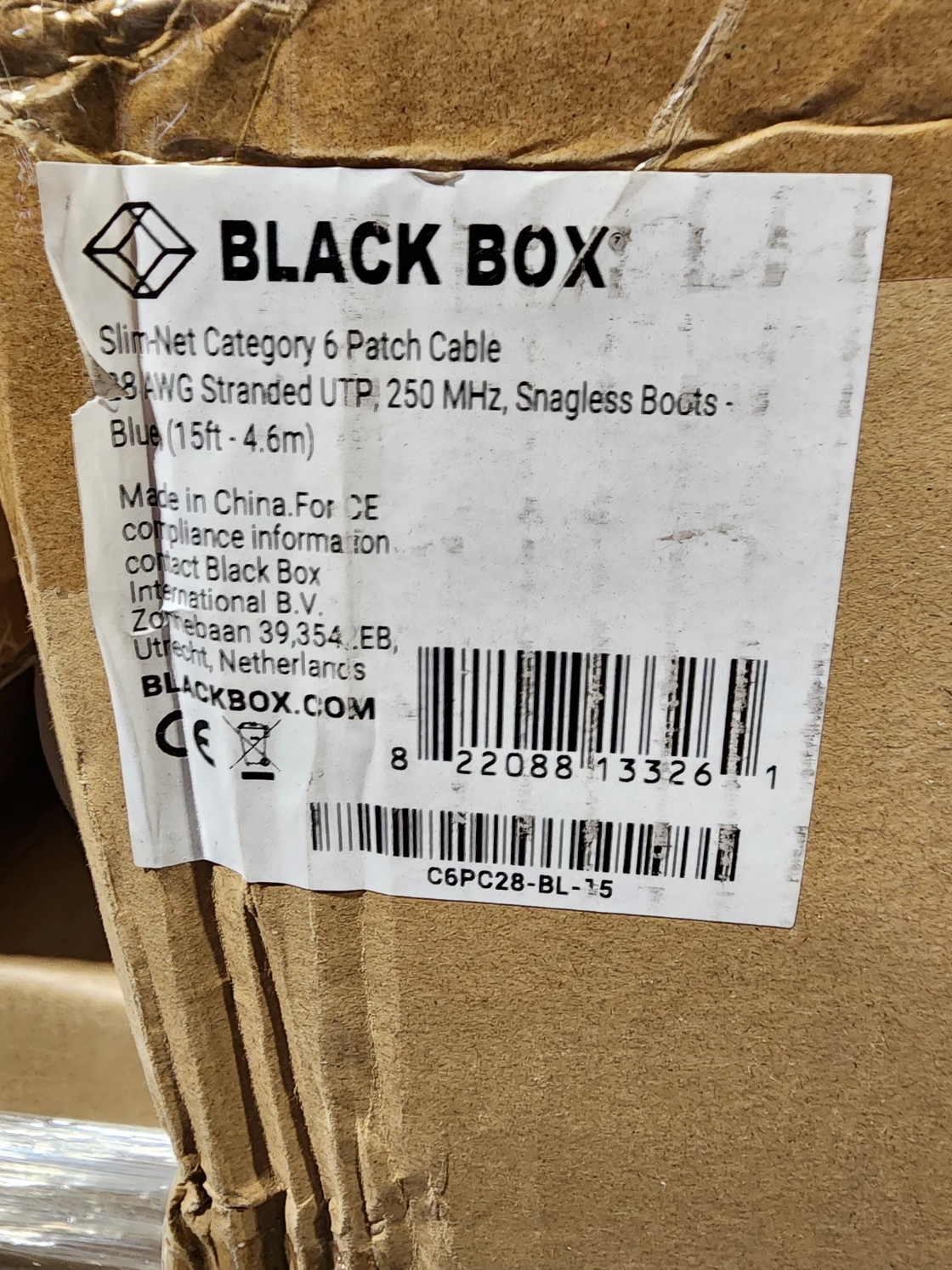 50 Pack 15ft Blue Black Box Slim-Net Cat 6A Patch Cable 28AWG UTP Snagless
