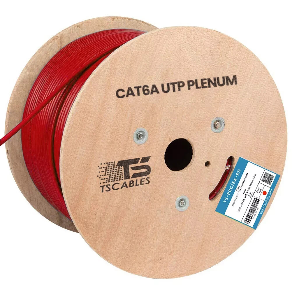 TS Cables Cat6a Plenum Solid Bare Copper 750 Mhz UTP 1000ft Ethernet Cable Red
