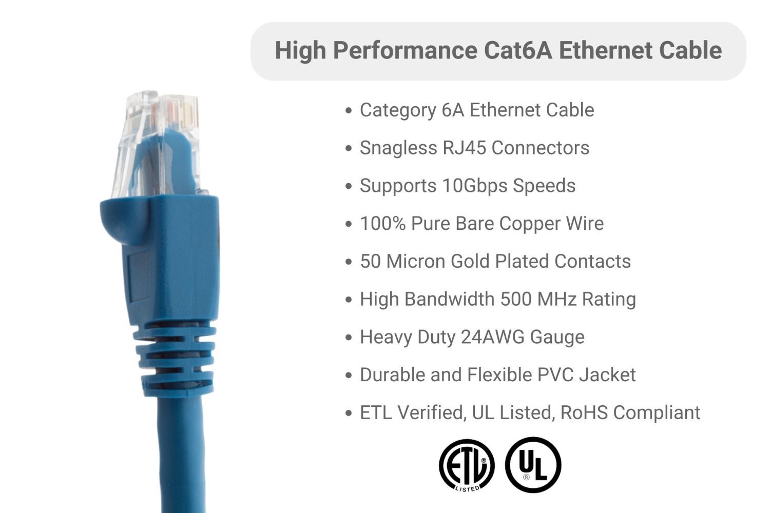 CAT6A Ethernet Patch Cable, Snagless, 1′, Blue – Lifetime Warranty