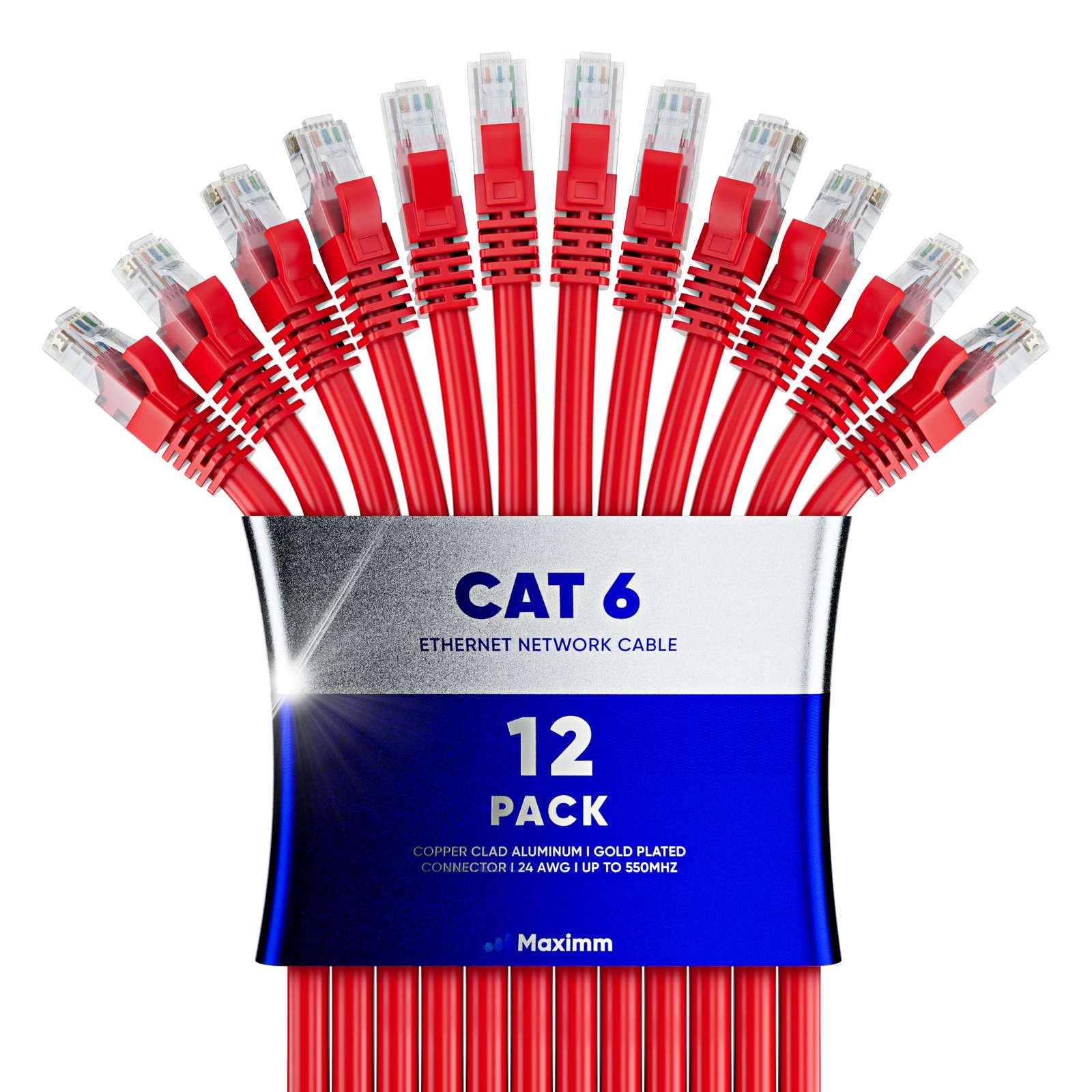 12 Pack Cat 6 Ethernet Cable 1.5 ft High-Speed LAN UTP 10Gbps 550MHz Red