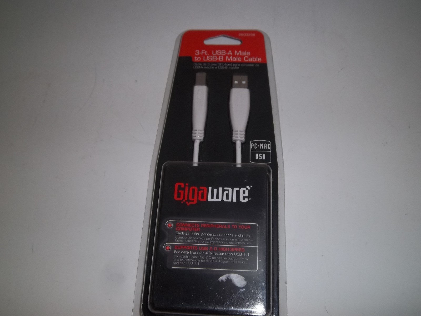 GIGAWARE 260-3258 3-FT USB-A MALE to USB-B MALE WHITE NETWORK CABLE PC-MAC/USB