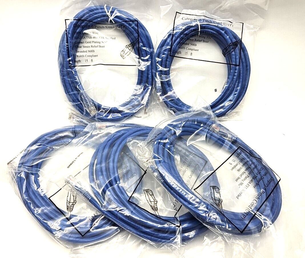 Lot of 5 Category 6 Patch Cord EIA/TIA TSB-40A ETL Verified 15 ft