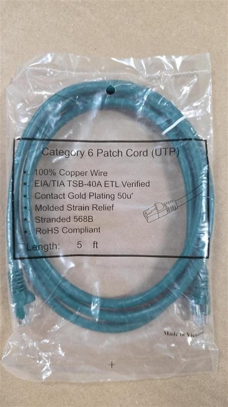 Cat 6 patch cord UTP 100% copper wire 5FT / EIA/TIA TSB-40A ETL verified / NEW