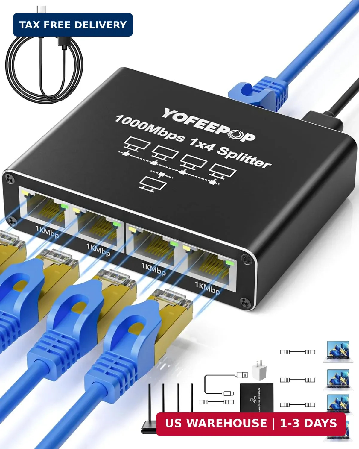 Internet Splitter 1 in 4 Out, Gigabit Ethernet LAN Splitter High Speed | 1000Mbp