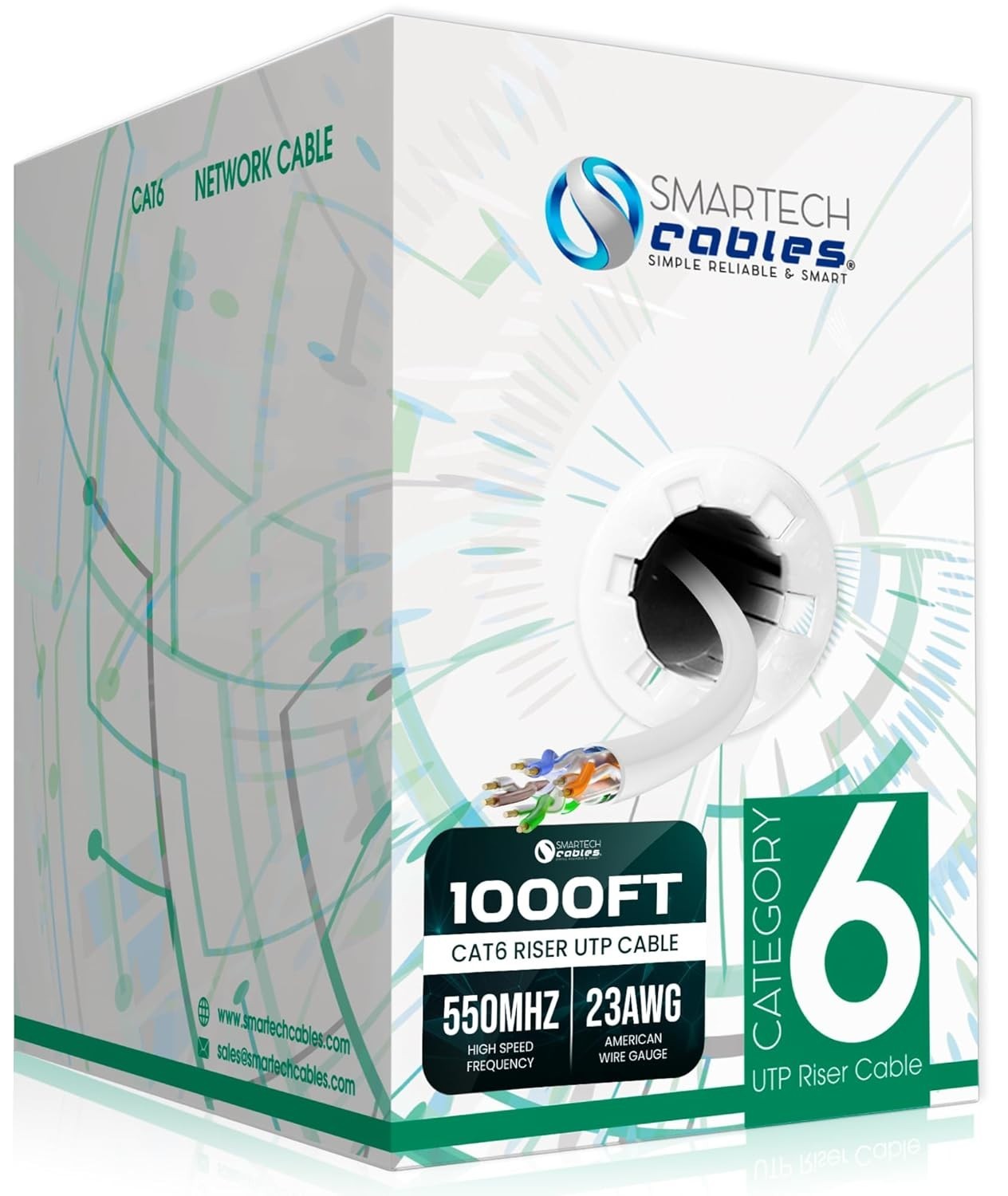 1000ft Cat6 Riser Cable – CMR Rated, 23AWG UTP, 550MHz, 10Gbps | Easy Pull Box