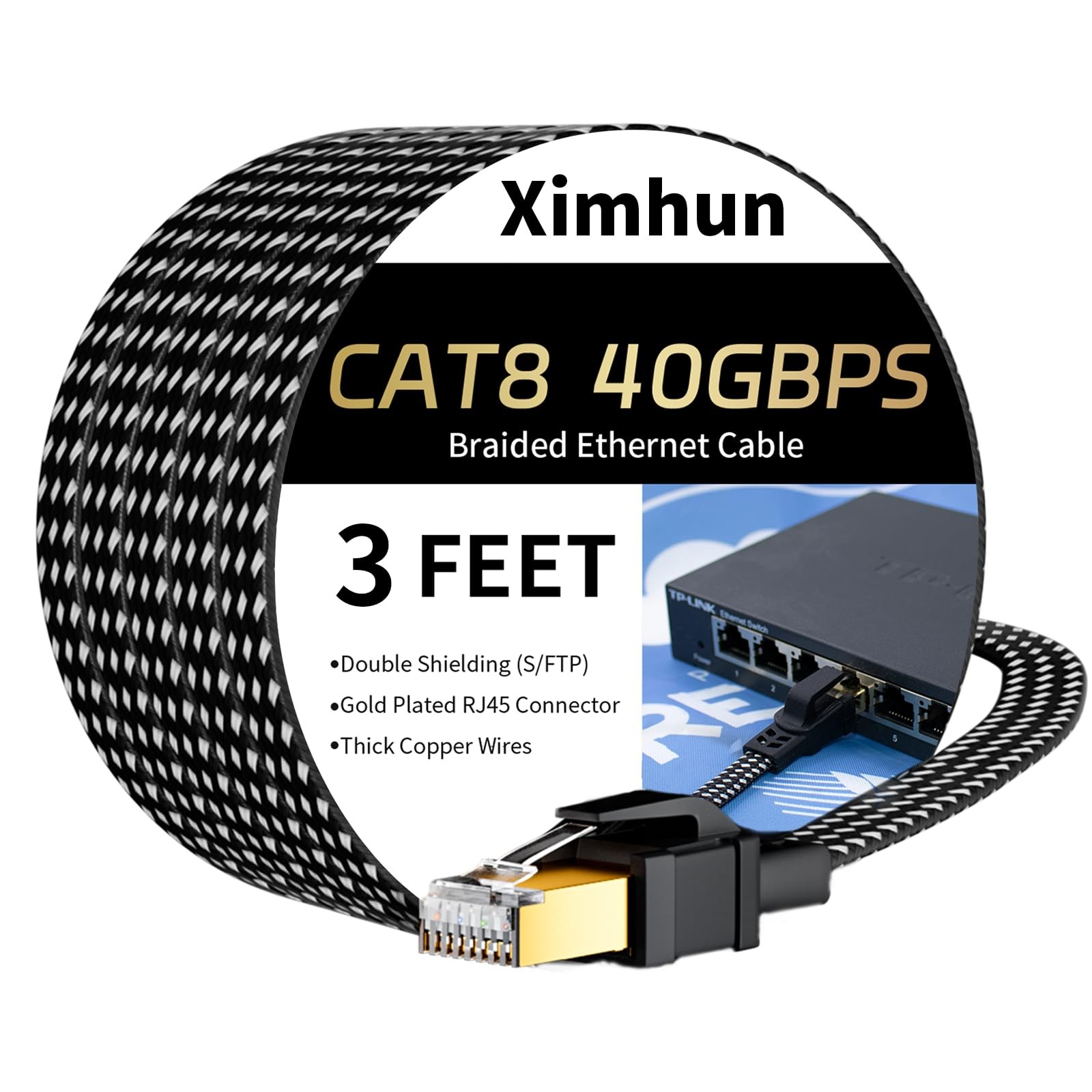Cat 8 Ethernet Cables 3FT, 6FT 10FT 15FT 20FT 25FT 30FT 40FT 50FT 3ft, Black
