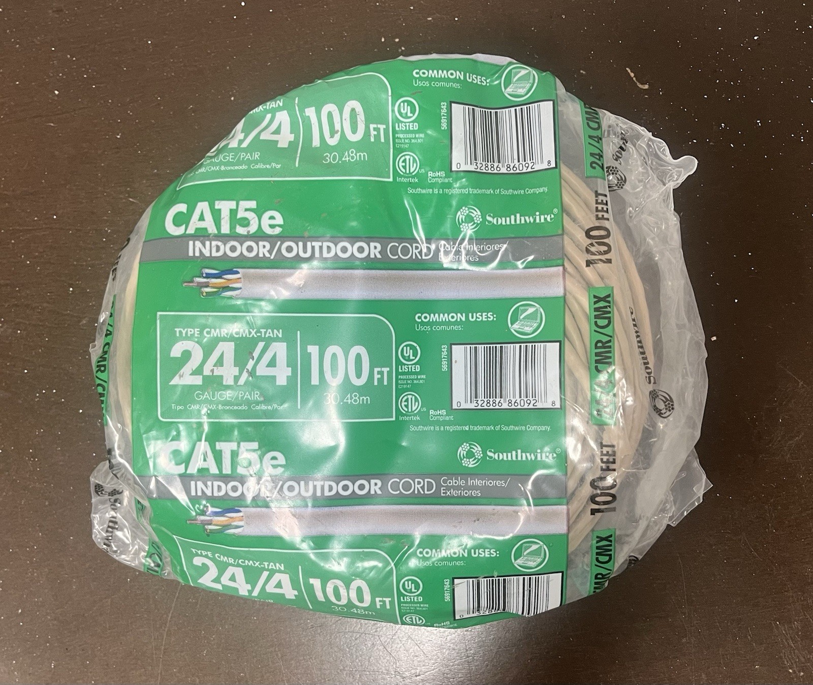 Southwire CAT5e Indoor Outdoor Cable 100ft 24 AWG Gray Tan 56917643 New