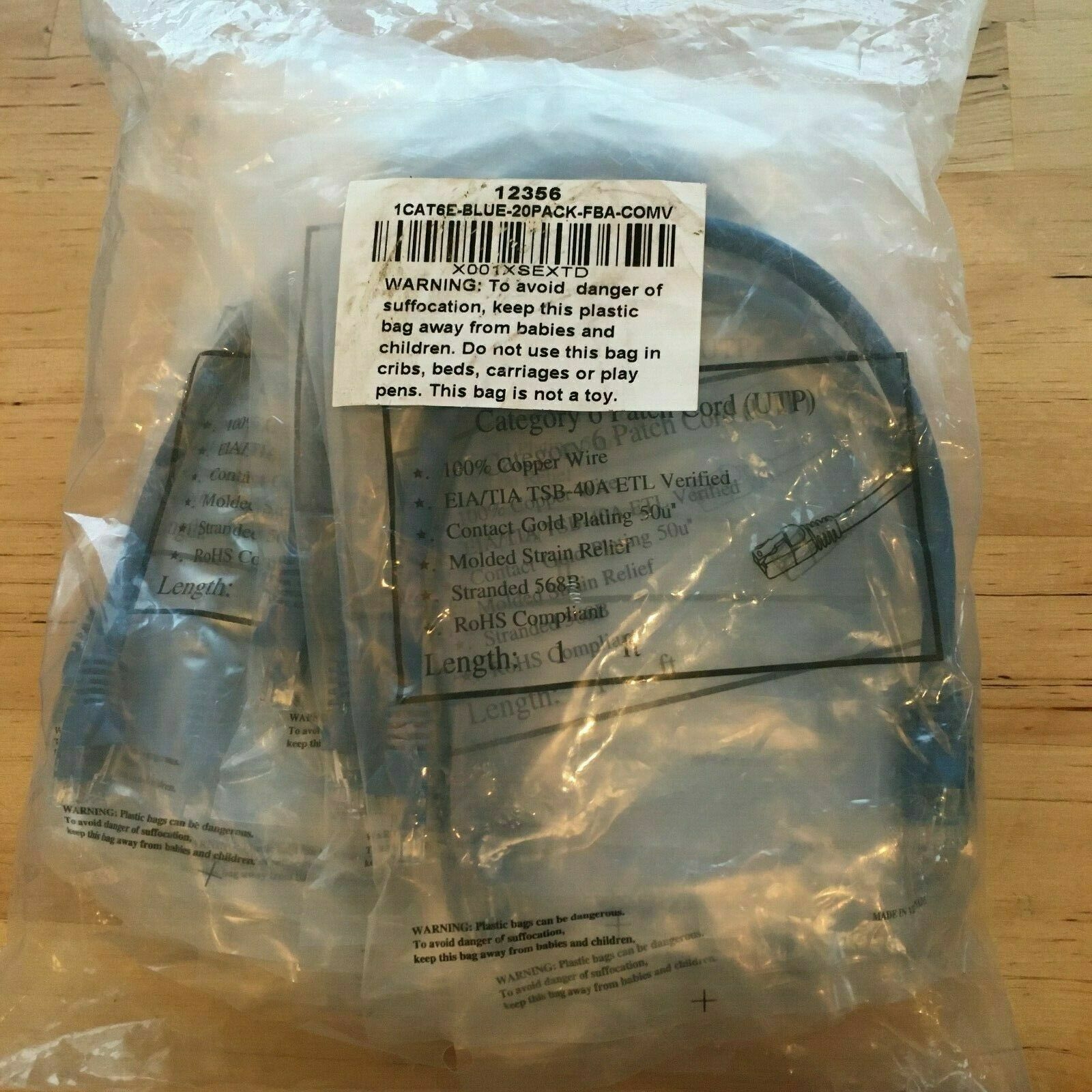 20 Pack Ethernet Cable LAN Network Cord Cat 6 Patch 1ft 1Cat6e Blue 12356