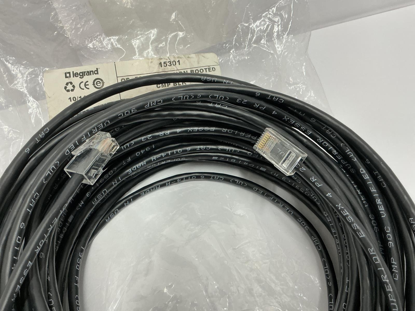 Legrand QS 50ft CAT6 Non Booted CMP Black UTP Plenum RJ45 Male Cable CG15301