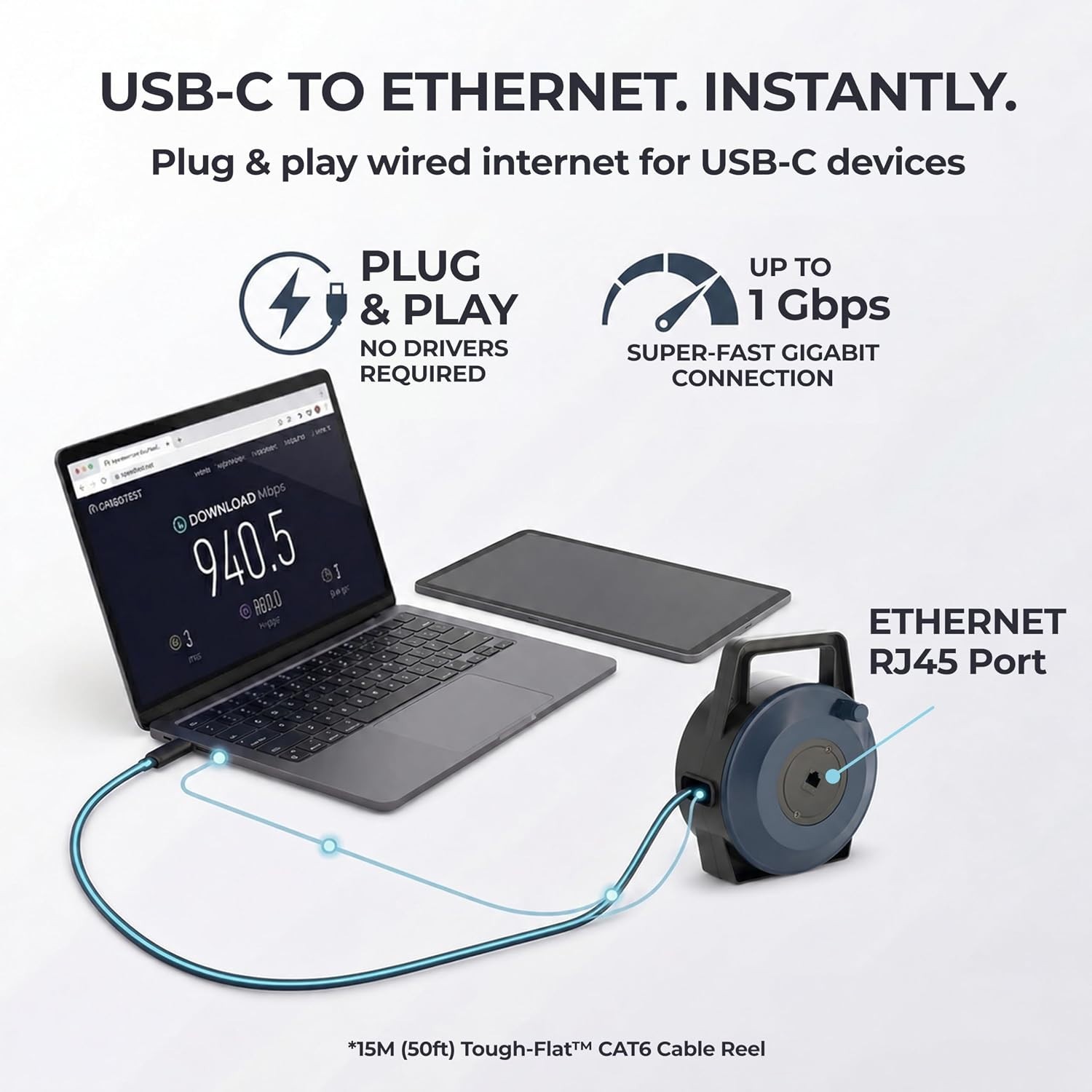 USB-C (Type-C) to Ethernet Cable Reel, 50Ft (15M) CAT6 Tough-Flat™, Up to 1 Gbps