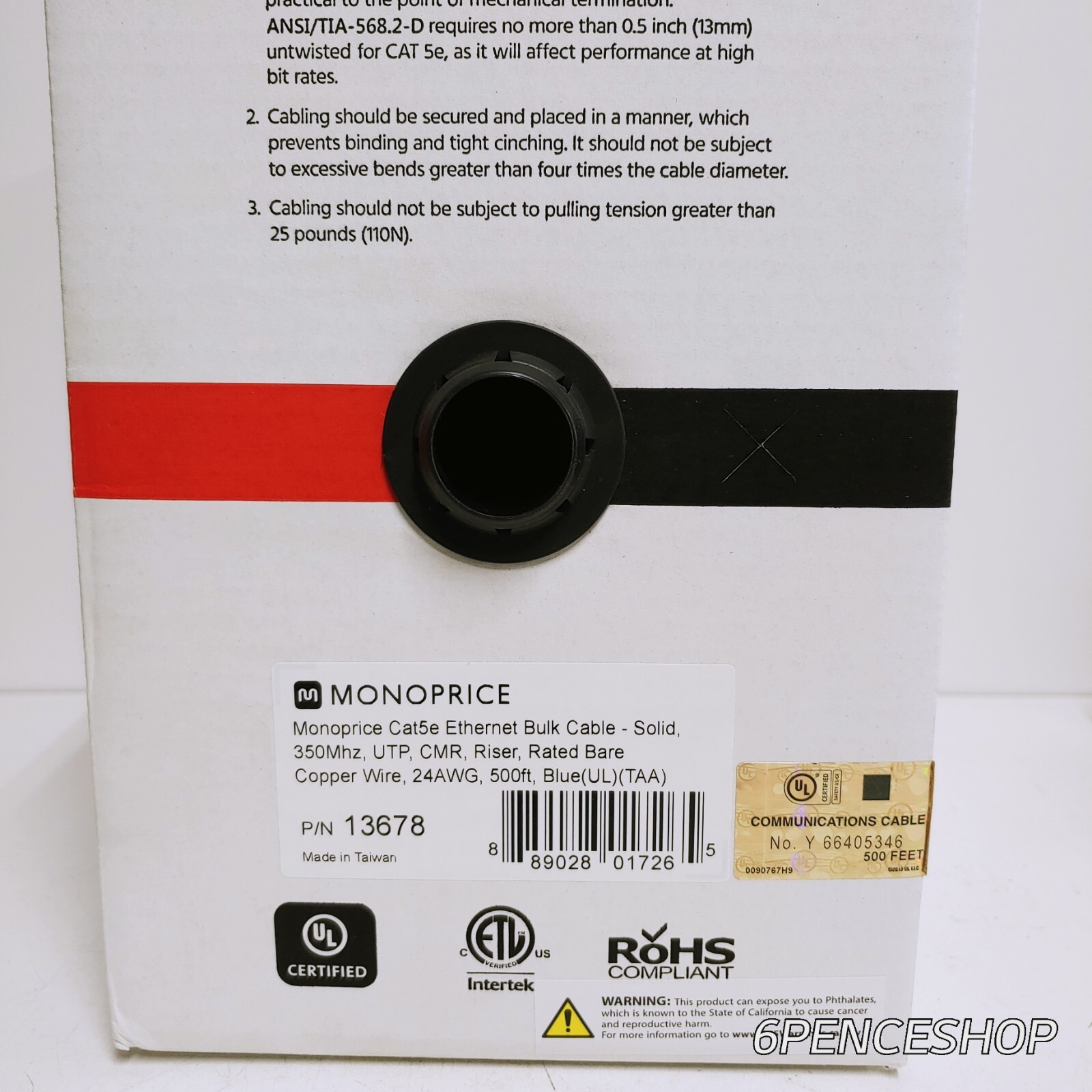 Monoprice 13678 CAT5E UTP SOLID CMR) – BLUE- 500FT