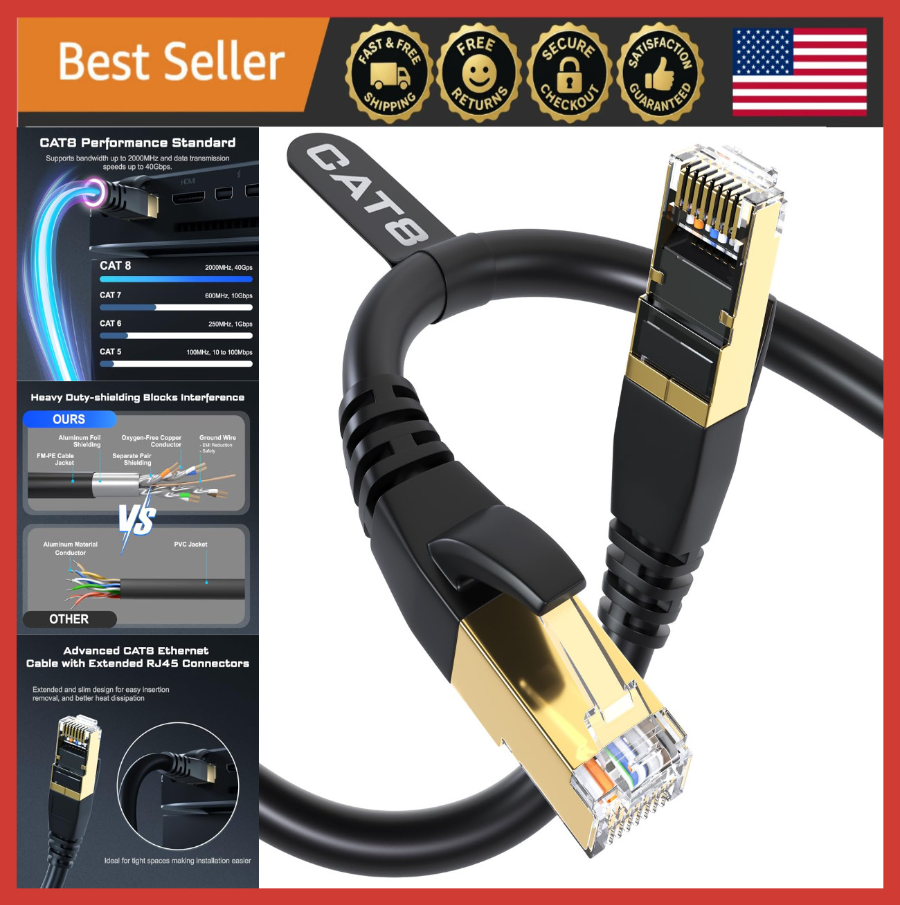 100ft High-Speed Cat7/8 Ethernet Cable 40Gbps 2000Mhz RJ45 for Router/PC