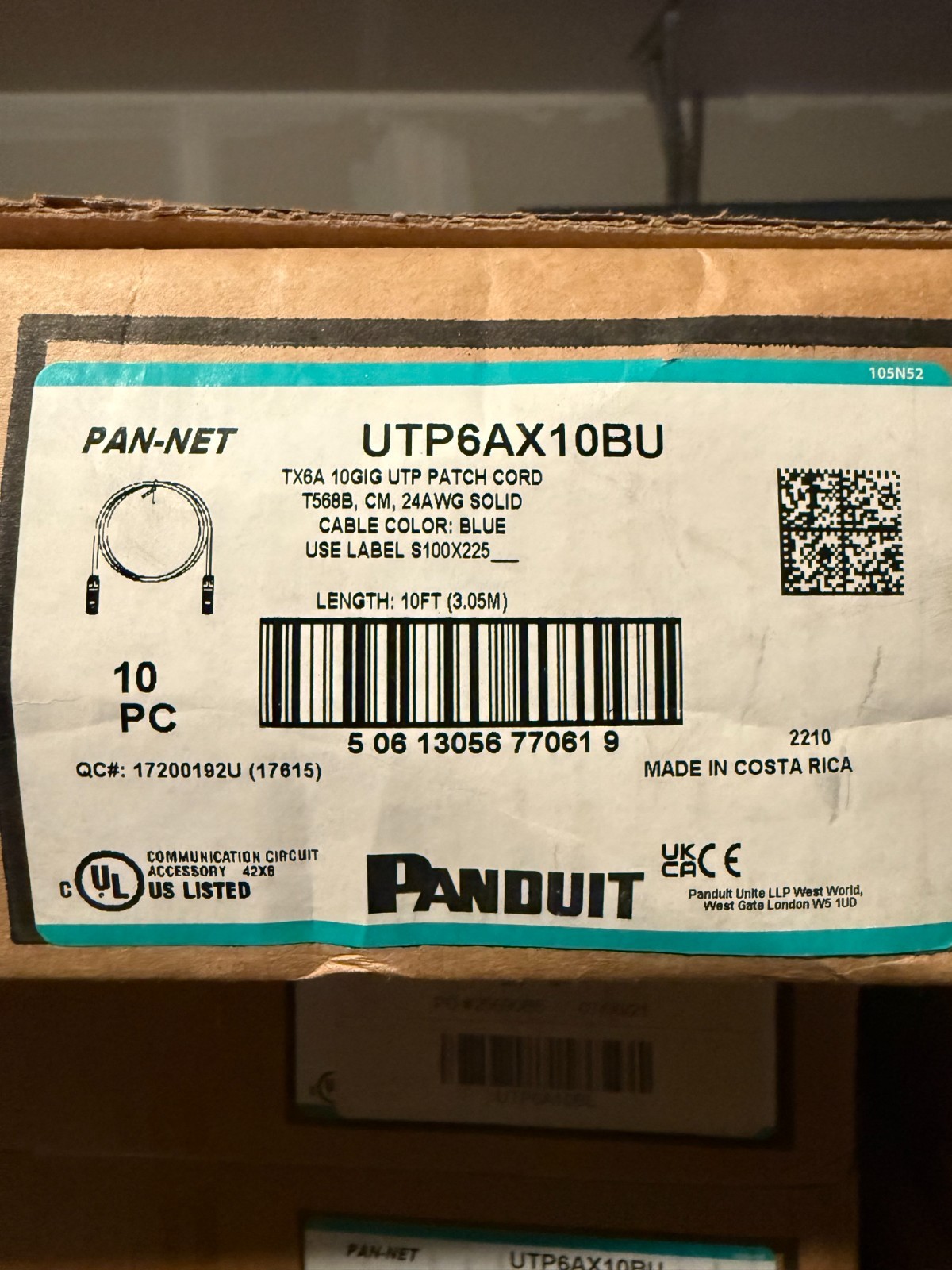NEW Genuine 10 ft Panduit UTP6AX10BU 24 AWG Copper Cat 6A UTP Patch Cord Blu