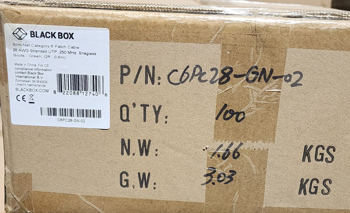 100 Pack 2ft Green Black Box Slim-Net Cat 6A Patch Cable 28AWG UTP Snagless