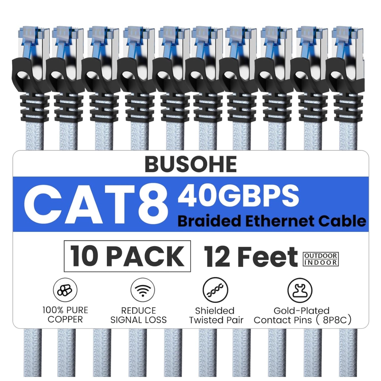 Cat 8 Ethernet Cable 12FT 10-Pack – Universal Compatibility