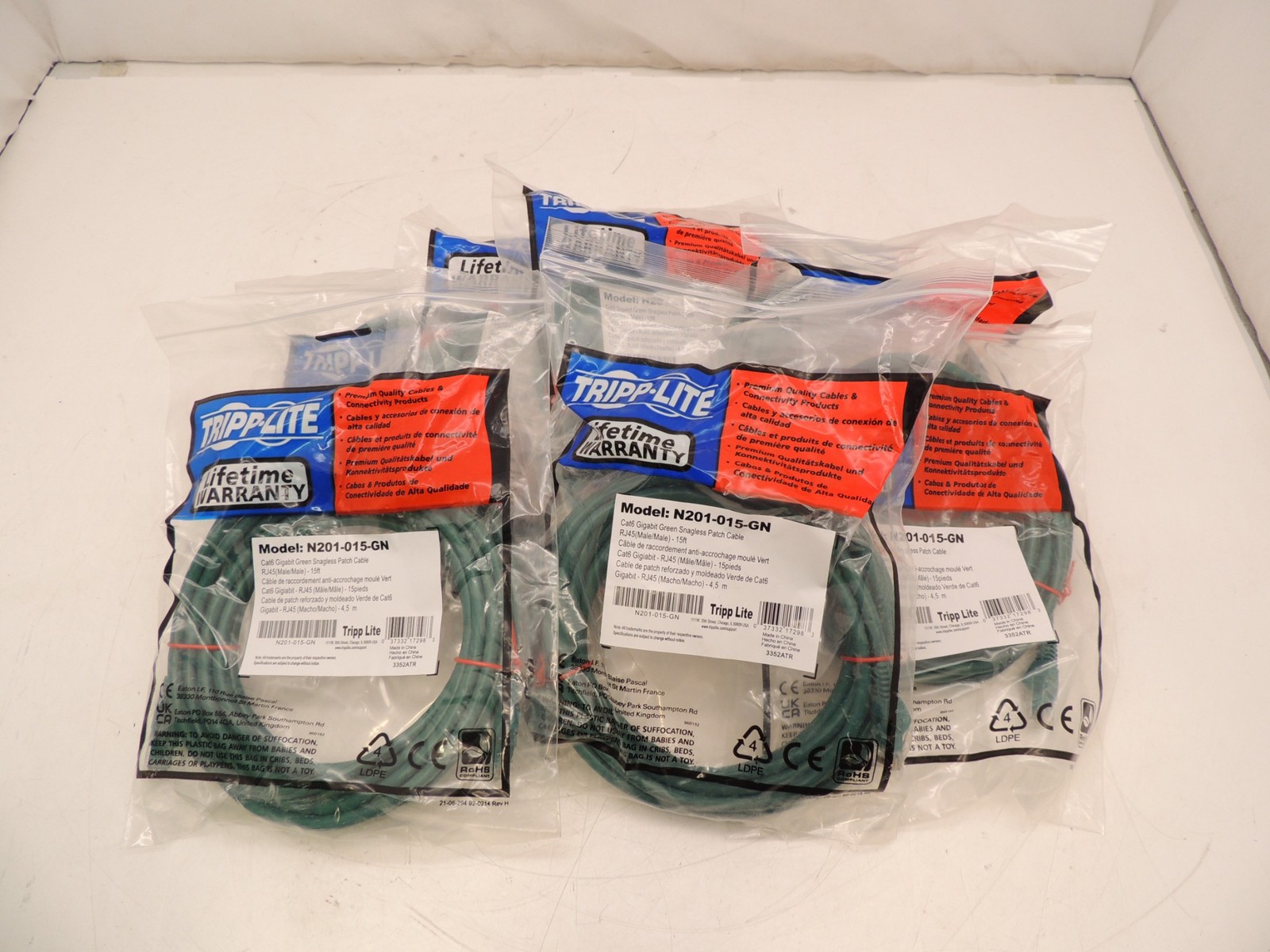 lot of 7 New Tripp-Lite 15ft CAT6 N201-015-GN Gigabit RJ45 Snagless Patch Cable