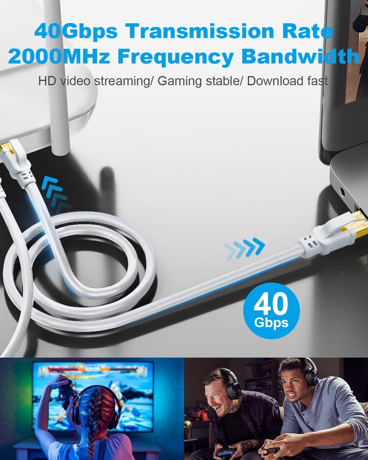100ft CAT 8 Ethernet Cable – High-Speed 40Gbps with Gold Plated RJ45 Connectors