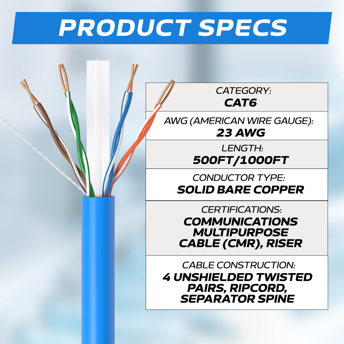 500FT CAT6 ETL CMR Ethernet Cable 23AWG UTP Solid Copper LAN Network Wire LOT