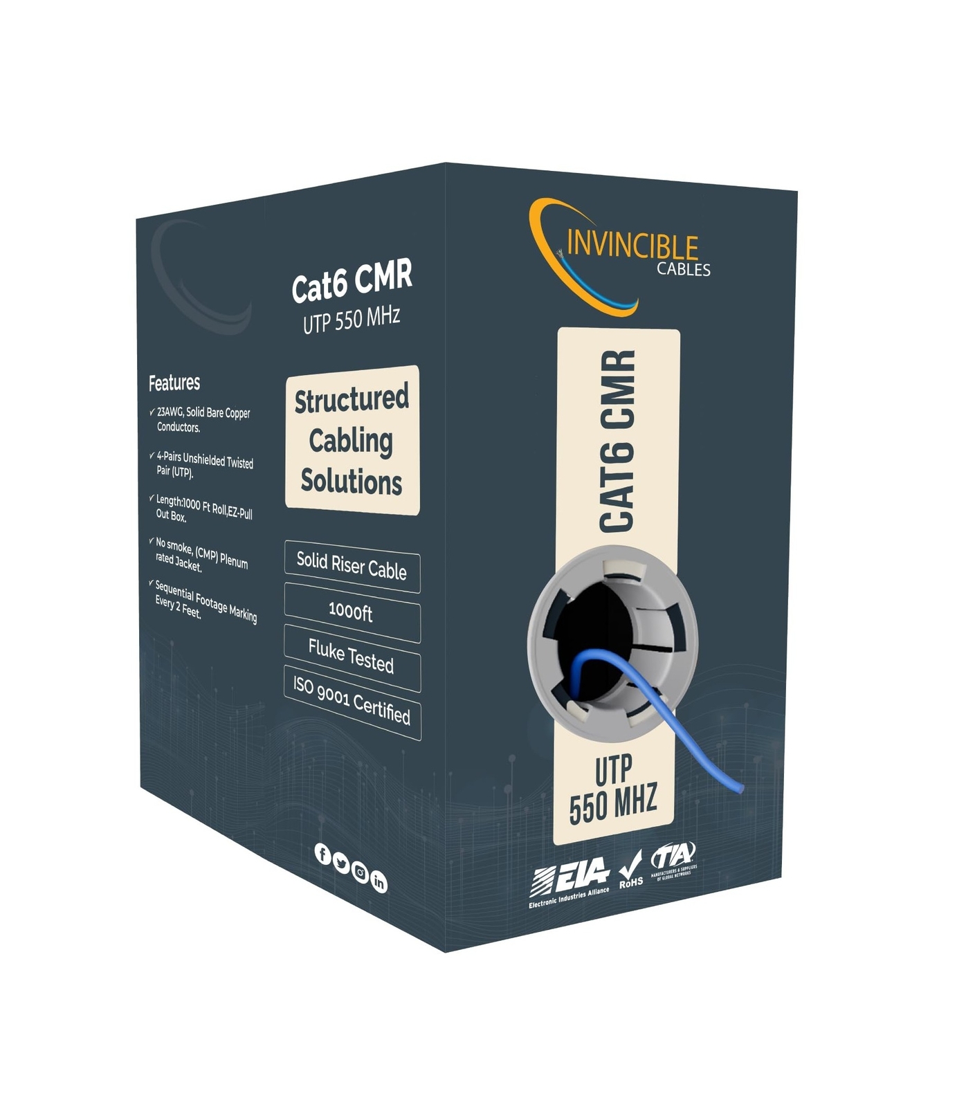 Cat6 Riser (CMR) 1000ft Cable | 100% Solid Copper, 550 MHz, 23AWG, 4 Pair, UT…