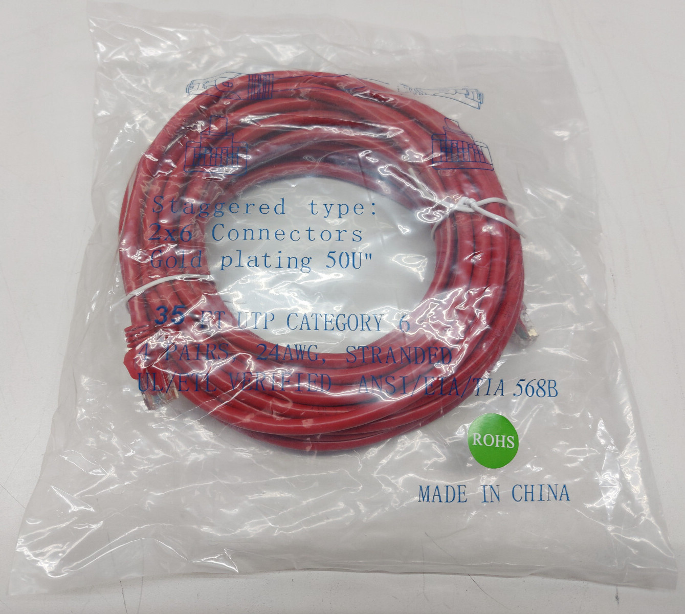 35ft CAT6 UTP Ethernet Patch Booted Cable Red UL/ETL ANSI EIA/TIA 24AWG ROHS