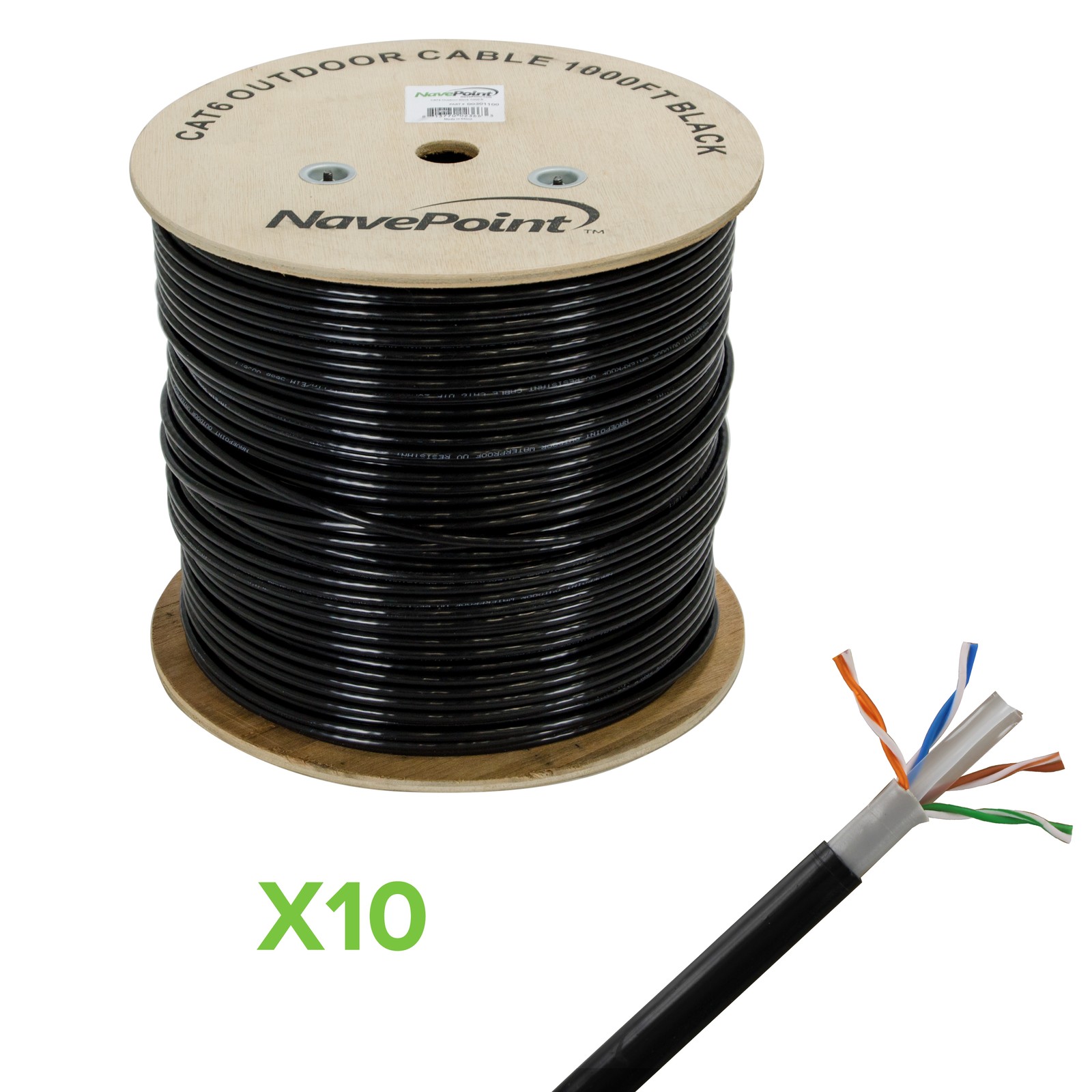 CAT6 1000FT UTP Solid Copper Outdoor Direct Burial LDPE 23AWG Black 10-Pack