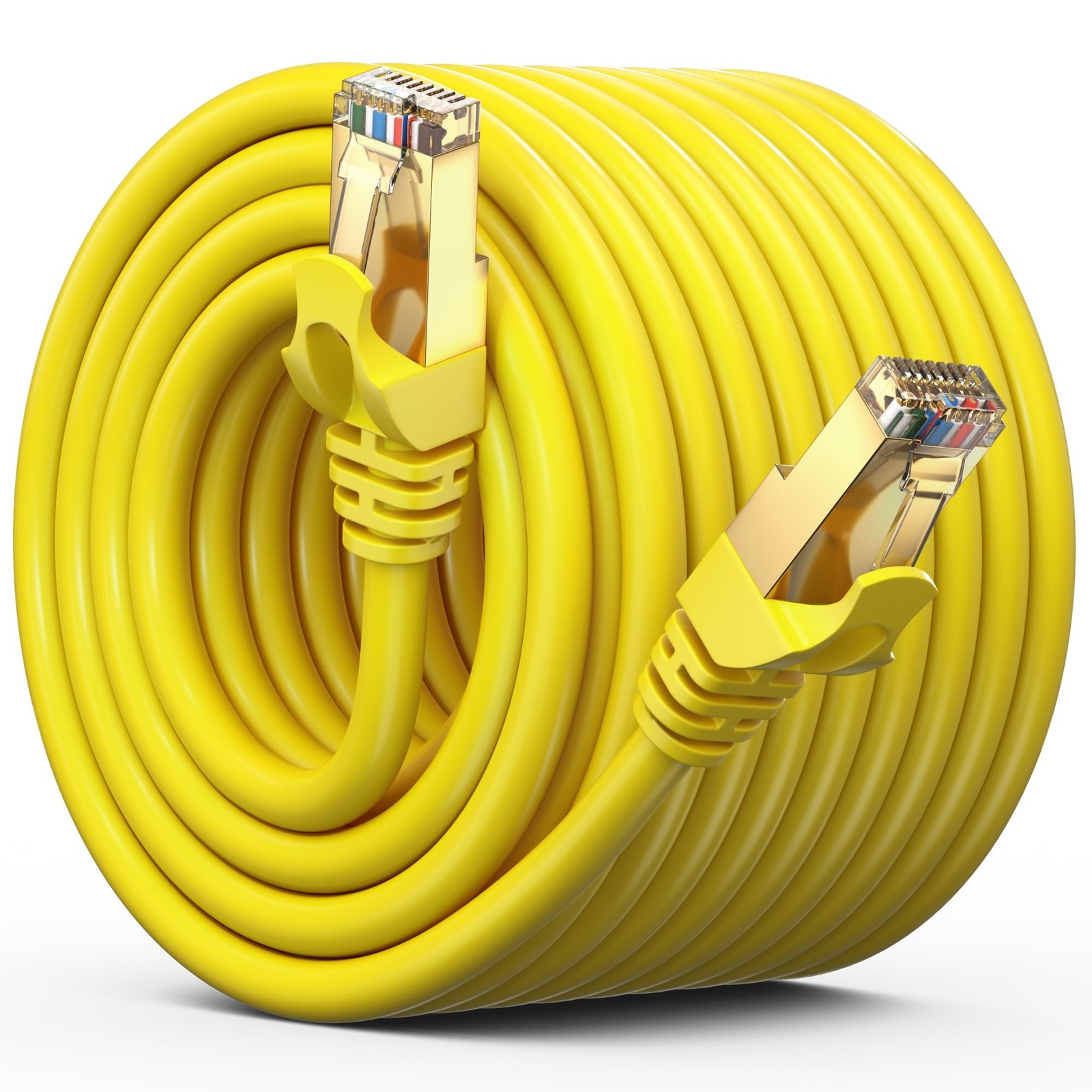 Yellow 100 ft Cat7 Ethernet Cable, Flat, 10Gbps, 600MHz, RJ45, LAN, Modem