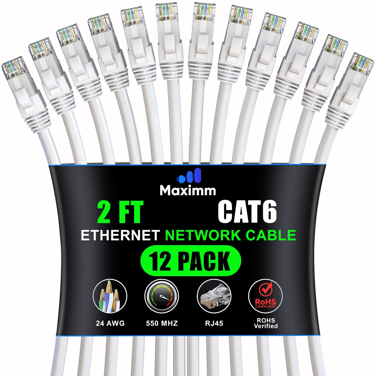 12 Pack Cat 6 Ethernet Cable 2 Ft LAN Internet Patch Network Cord UTP White