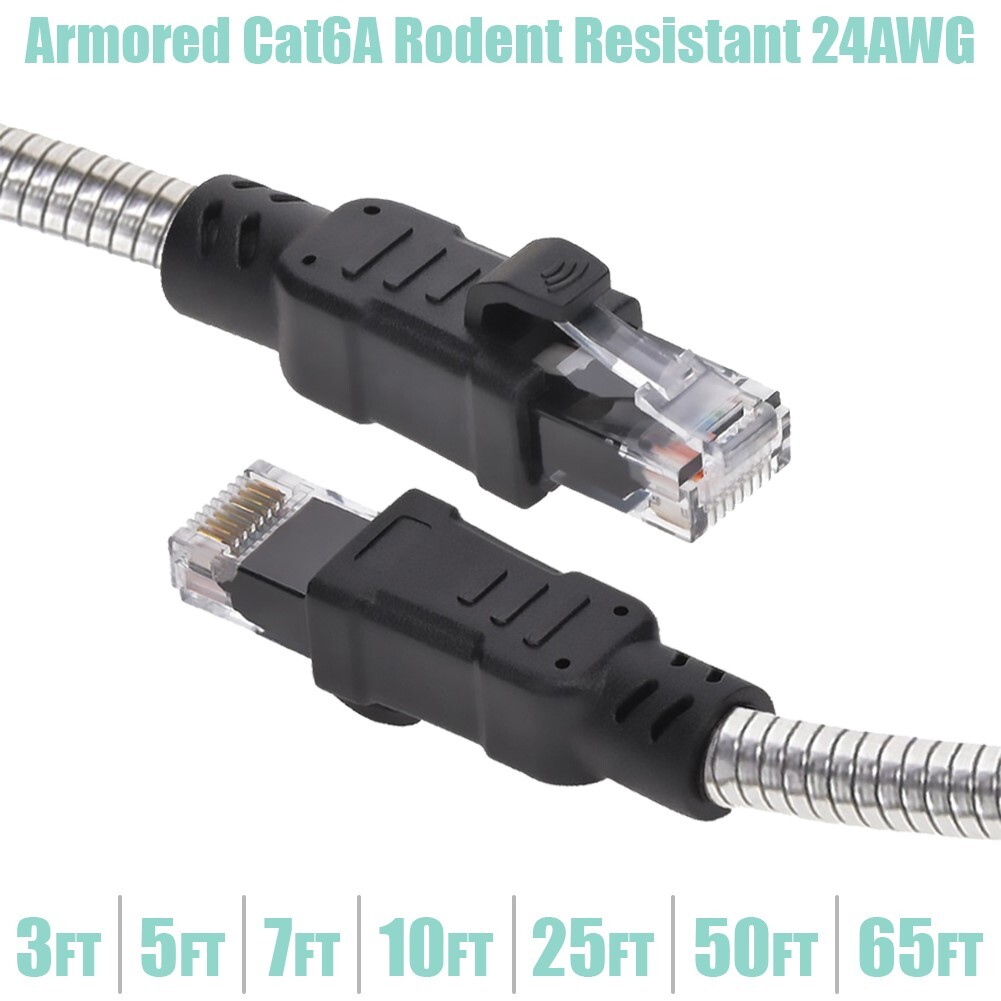 3-65FT Cat6A RJ45 Network Armored Slim Patch Cable Rodent Resistant 24AWG LOT