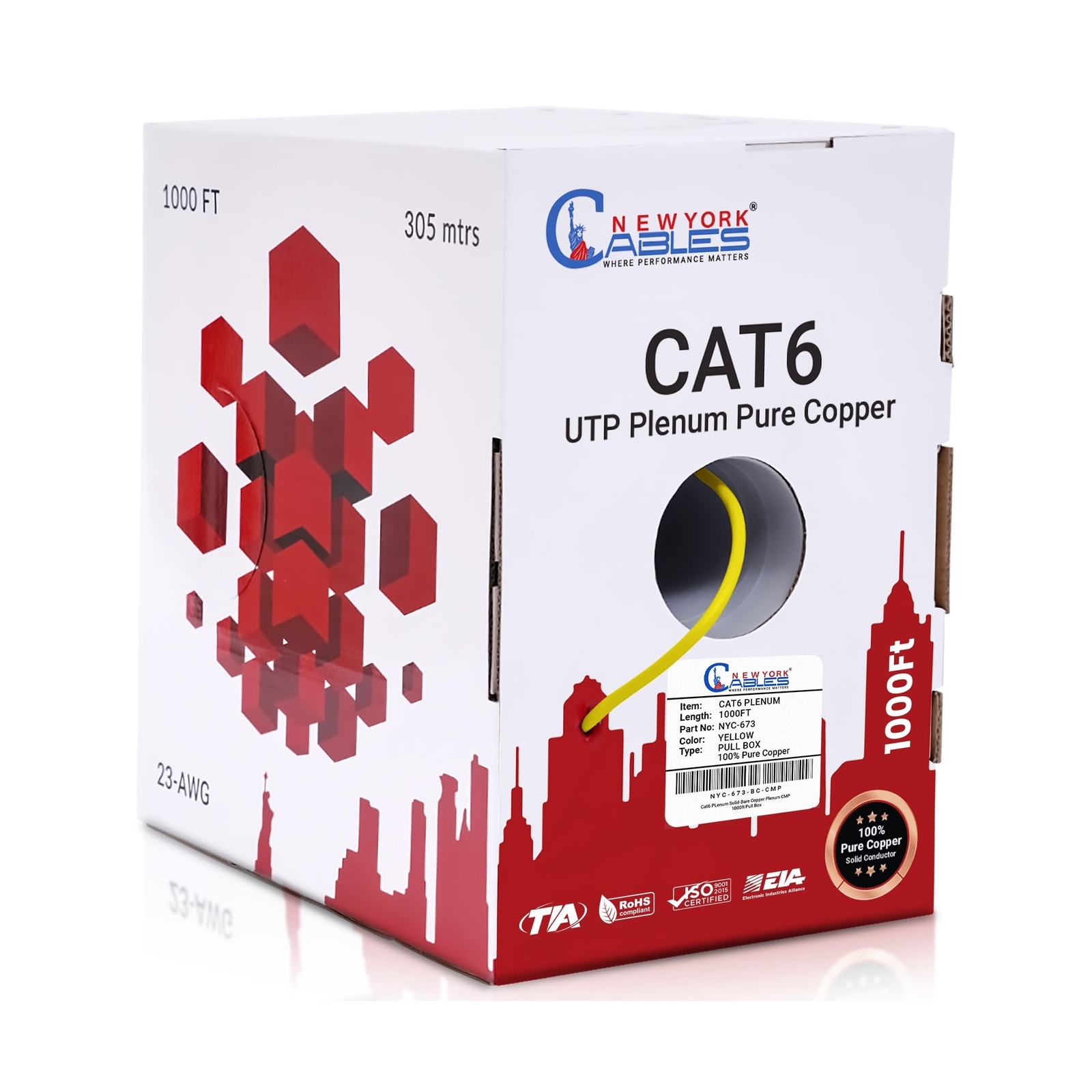 CAT6 Plenum (CMP) 1000ft Bulk Ethernet Cable | 100% Pure Solid Bare Copper | …
