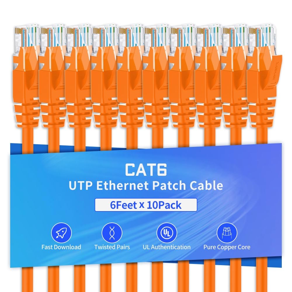 10 PCS Orange Cat6 Ethernet Cable 6 Feet Network RJ45 Internet Patch Cord