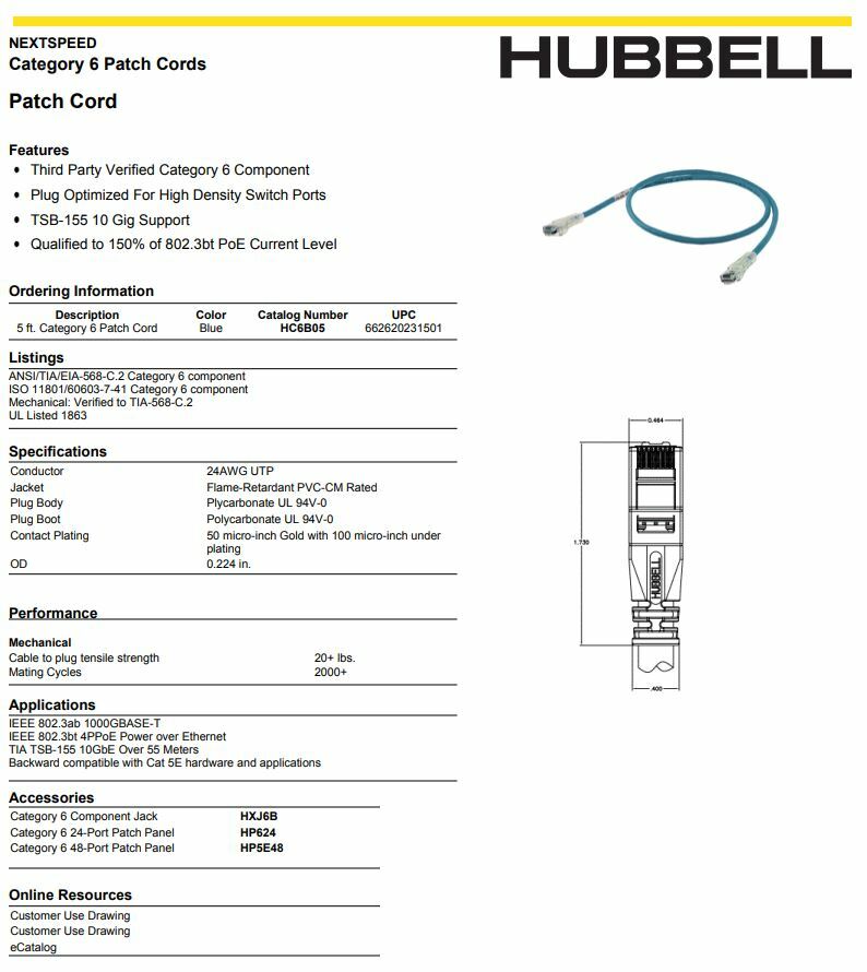 (9) Hubbell HC6B05 NEXTSPEED Universal Category 6 Patch Cord, 5′ Length, Blue