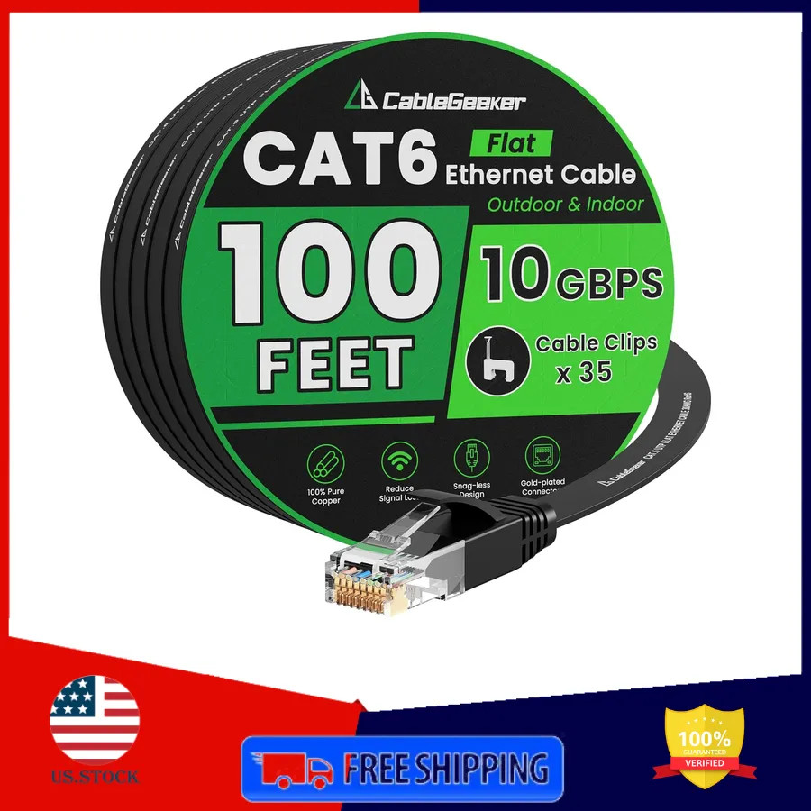 Cat 6 Flat Ethernet Cable 100ft 10Gbps Black High Speed RJ45 Network Patch Cord