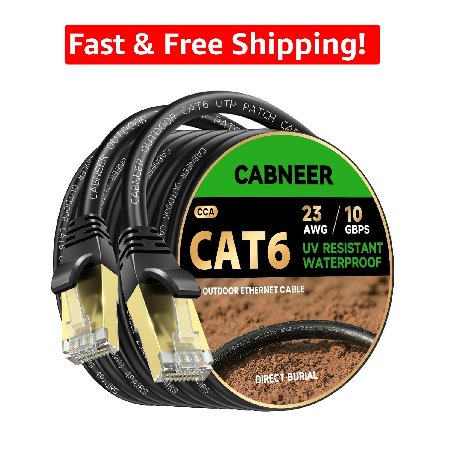 Outdoor & Indoor 30ft Cat 6 Ethernet Cable – UV Resistant 10Gbps, Direct Burial