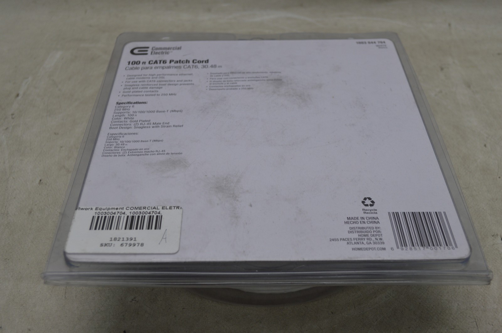 Commercial Electric 100 ft. CAT6 Ethernet Cable White RJ-45 250MHz *New Unused*