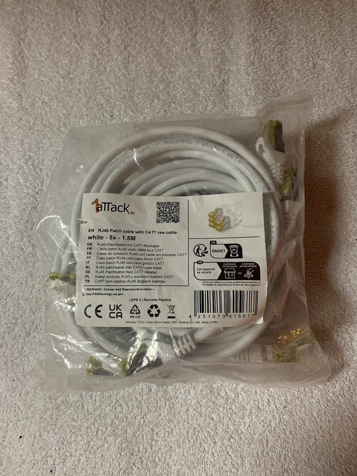 5 Pack 1attack CAT7 Raw Cable Ethernet RJ45 Patch Cables 1.5M