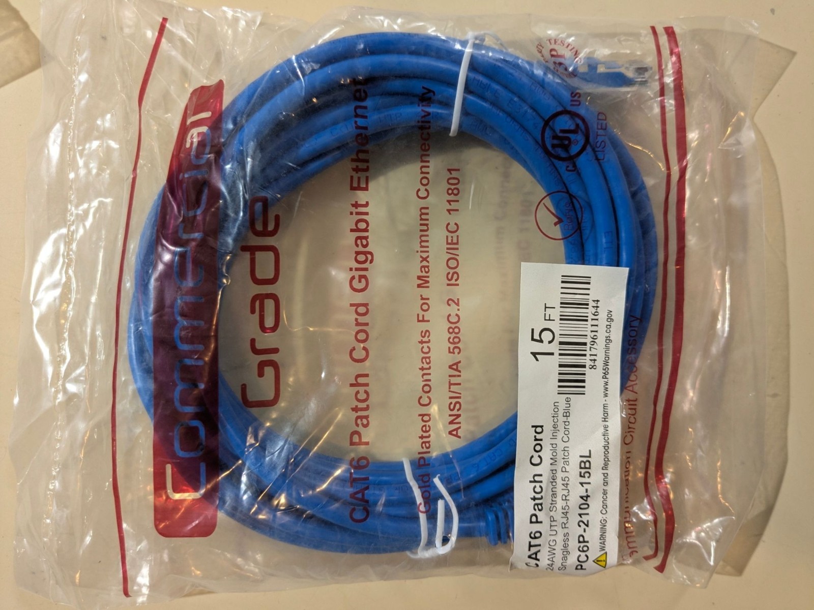 Commercial Grade CAT6 Ethernet Patch Cord 15 Ft Blue – Snagless RJ45