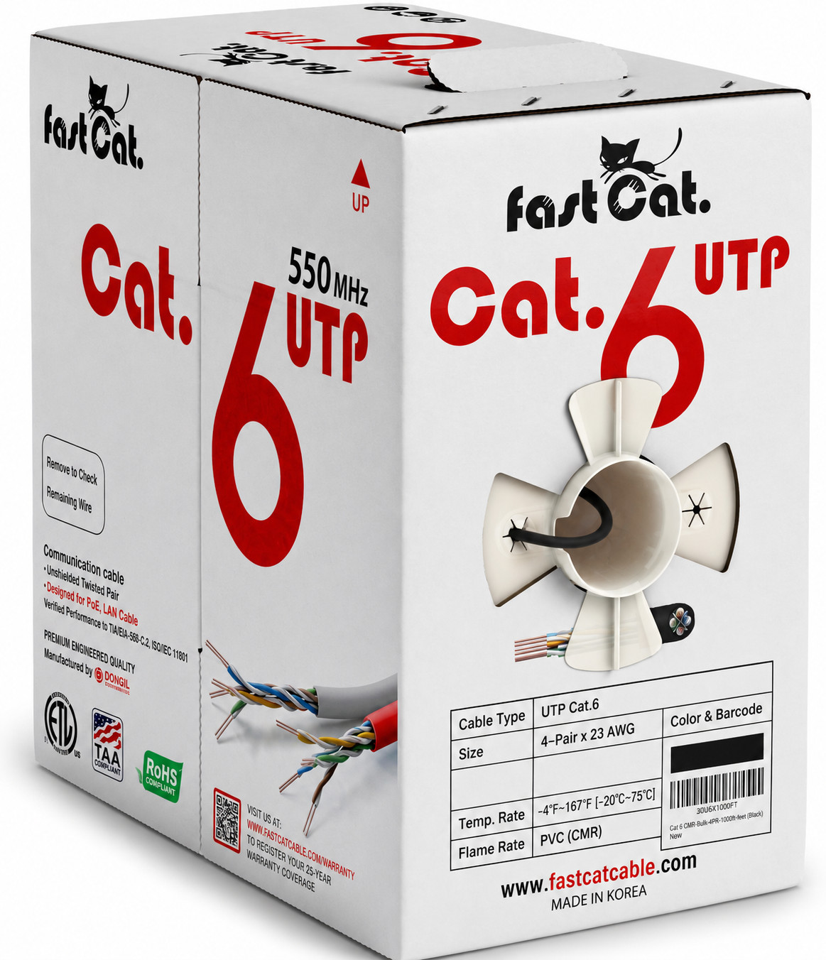Cat6 Ethernet Cable – 23 AWG, CMR, Solid Bare Copper – 142ft – Black