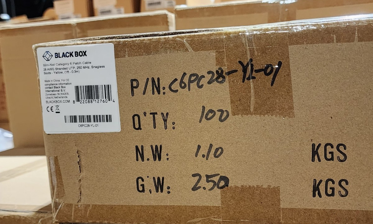 100 Pack 1ft Yellow Black Box Slim-Net Cat 6A Patch Cable 28AWG UTP Snagless