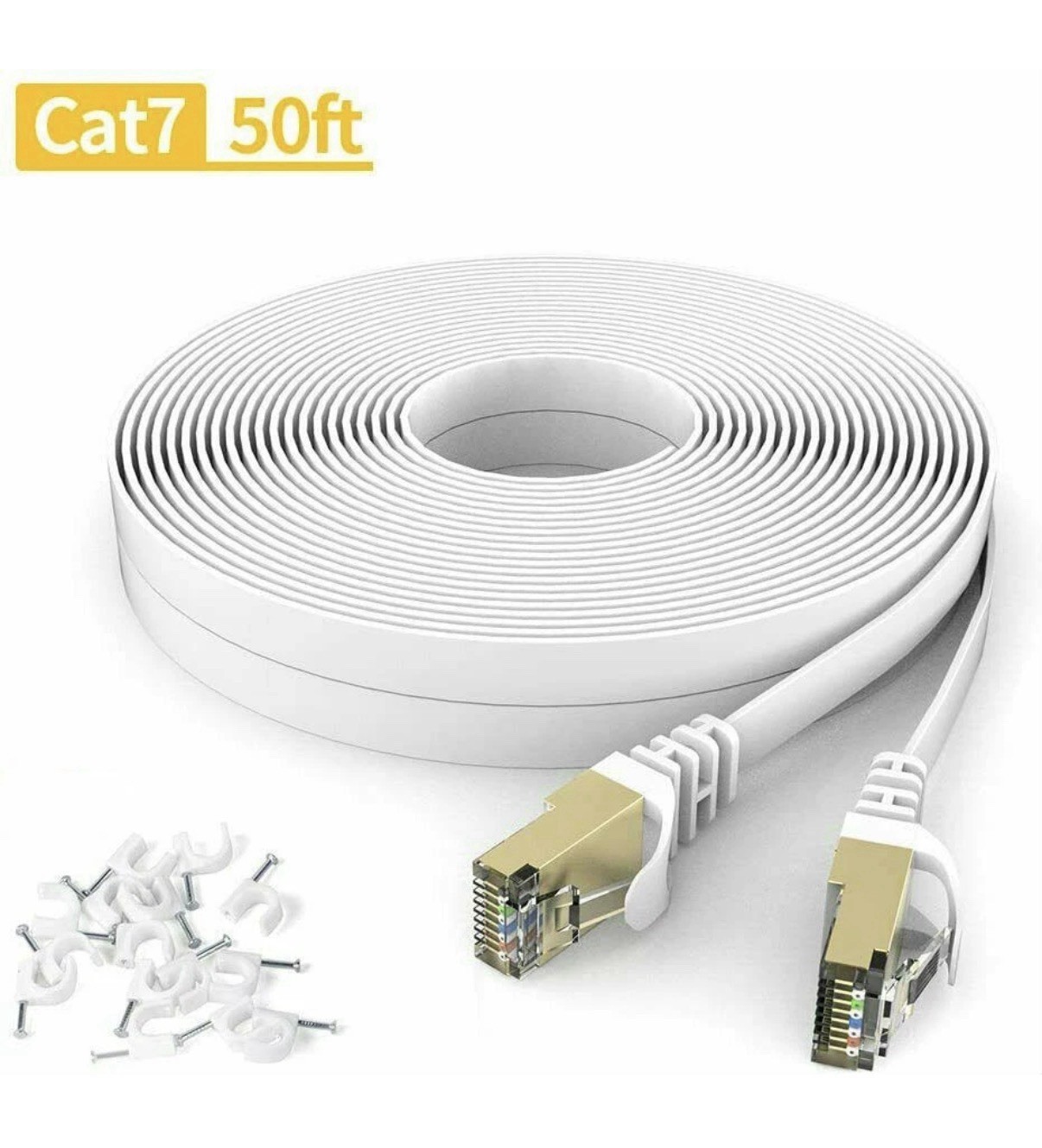 50FT CAT7 Flat Ethernet Cable Internet Router Patch Cord 50 Feet Flat &Connector