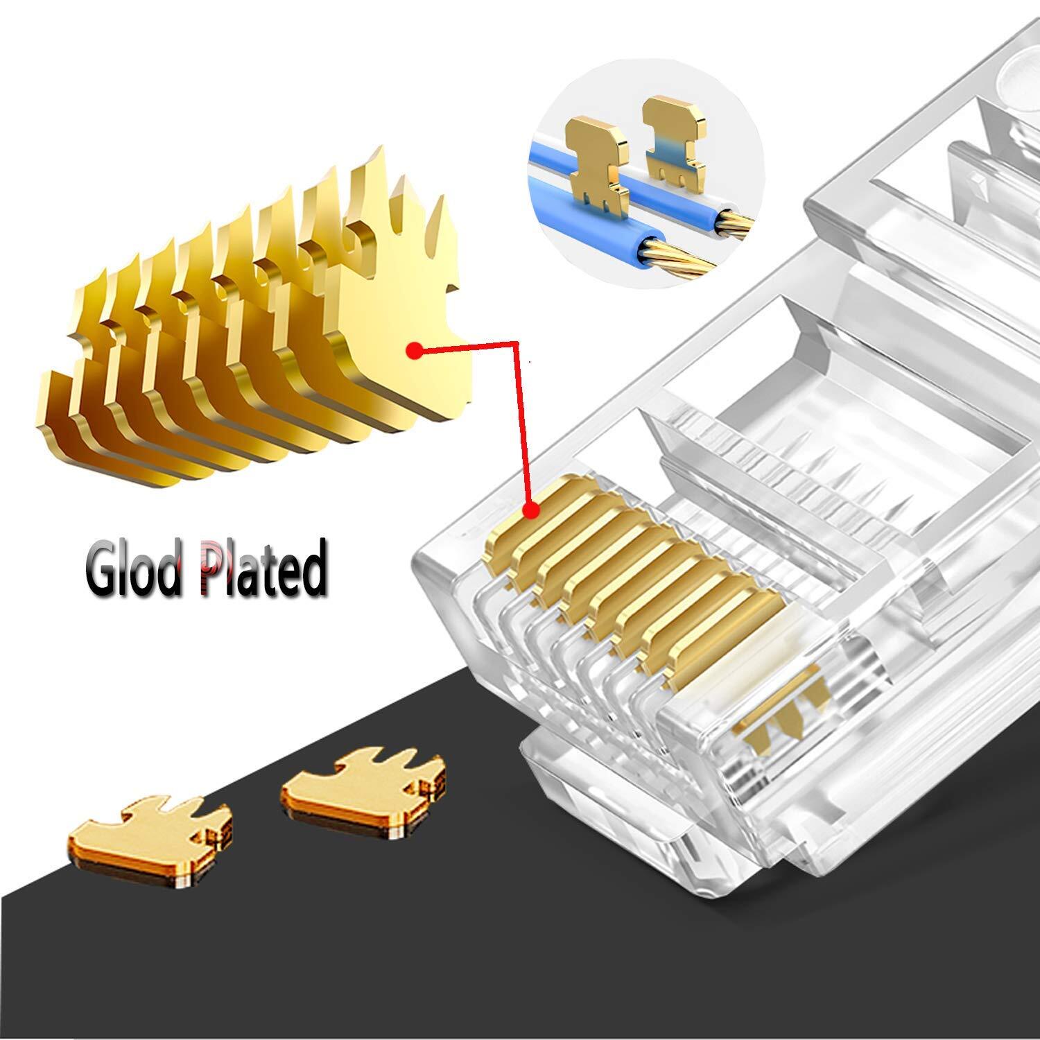 100 Pack RJ45 Cat6 Cat5 Connectors Gold Plated 8P8C Ethernet Pass Through Plug