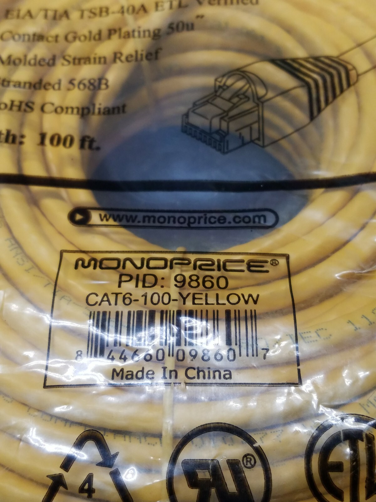 Monoprice Cat6 Ethernet Patch Cable – 100ft – Yellow, RJ45, 550Mhz, UTP, 24AWG