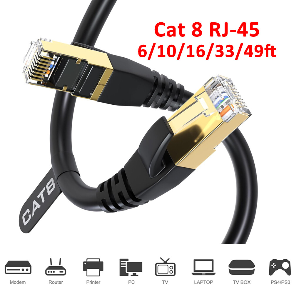 CAT 8 Ethernet RJ45 Cable High Speed 40Gbps LAN Patch Network Gold Plated 6-50ft
